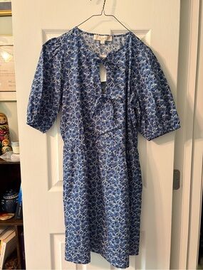 LOFT Blue Floral Midi Dress with Tie Detail